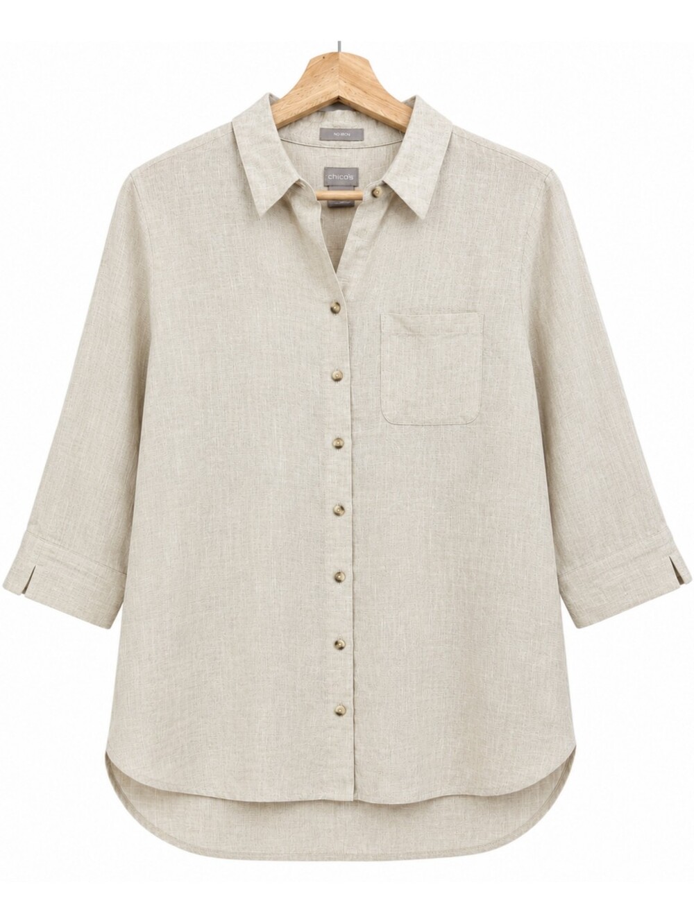 Chico's No Iron 100% Linen Button Front Tunic Shirt Beige Minimalist Size 1.5